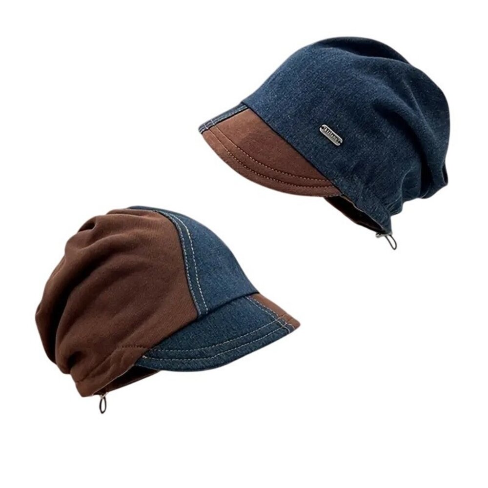 Denim Patchwork Small Brim Drawstring Beanie Hat … - image 2